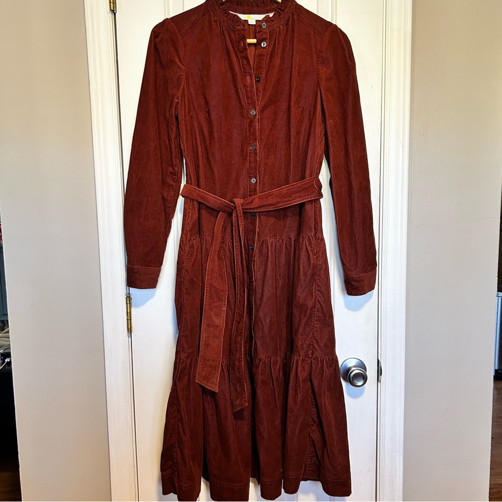 Boden “Ellen” Tiered Long Sleeve Corduroy Belted Shirt Dress | Copper Size 4